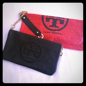 Tory Burch Black leather clutch w/ gold chain